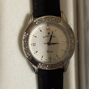 Women's Silver Dial Watch with Black Leather Strap